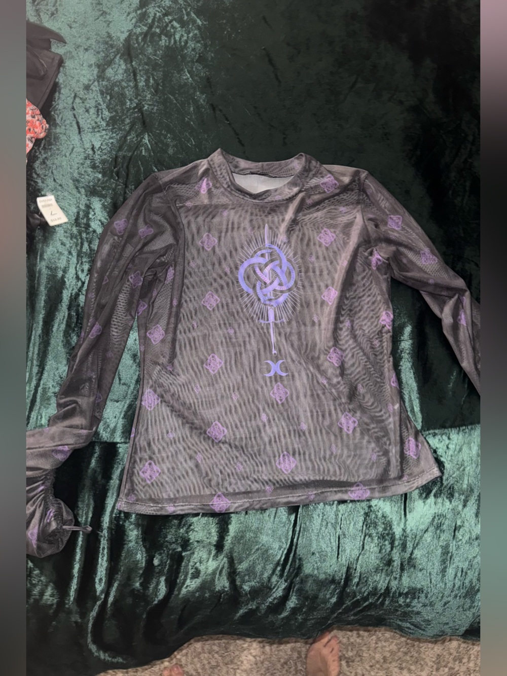 Blackmilk Sheer Black Mesh Top with Purple Graphic